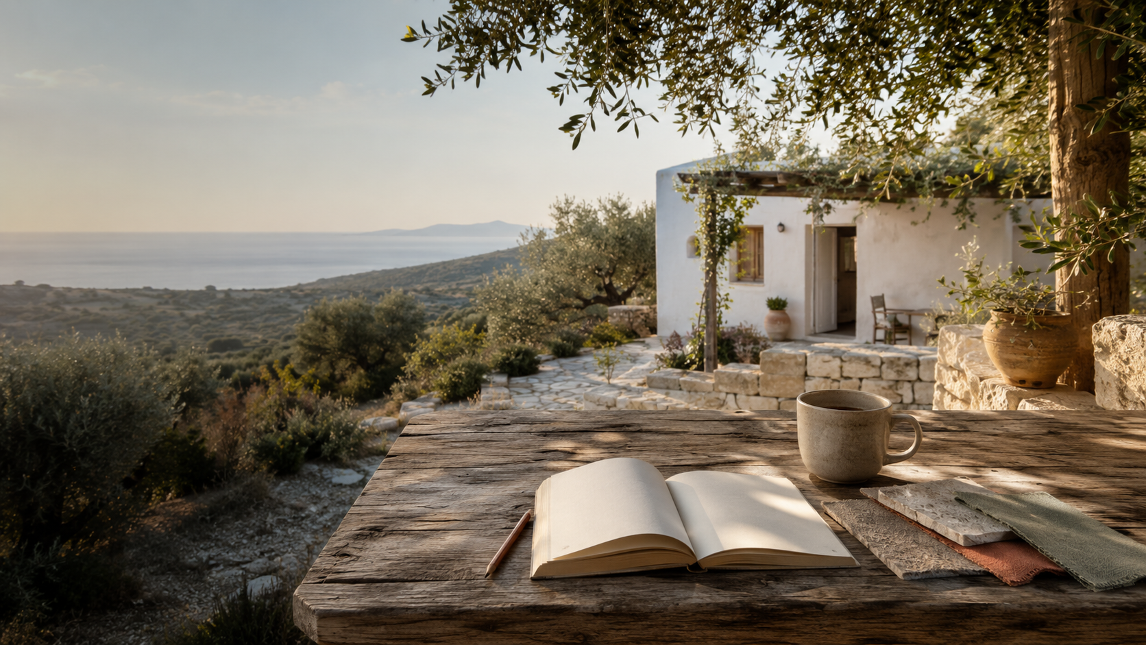 Een open notitieboek en materialen op een houten tafel met uitzicht op een mediterraan verblijf